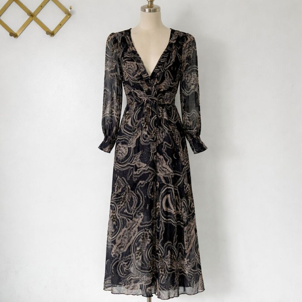 Anthropologie Printer Johnson Long-Sleeve V-Neck Textured Midi Dress Size XS
